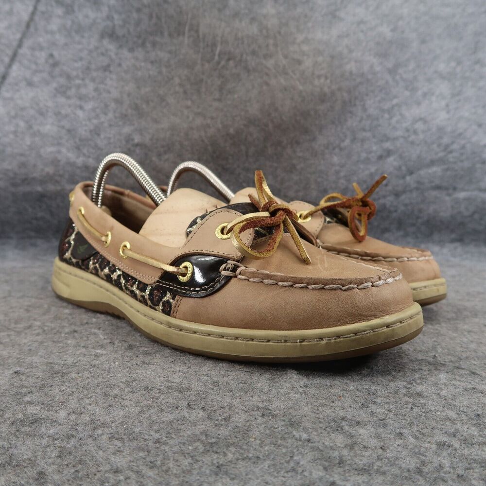Sperry Shoes Womens 9 Slip On Boat Loafer Leather Leopard Top Sider Preppy Brown